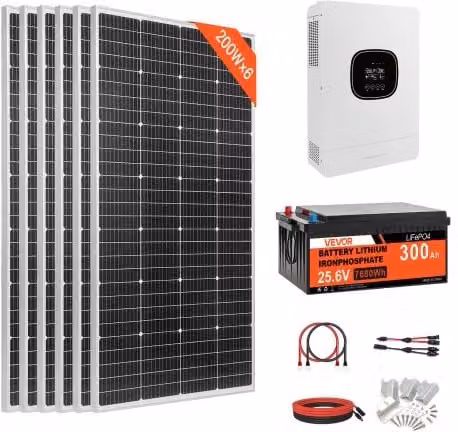 VEVOR Kit Solare Off-Grid 1200 W 24 V con 6 Pannelli Monocristallini da 200 W, Batteria LiFePO4 25,6 V 300 Ah e Inverter Ibrido da 3600 W, Colore Nero