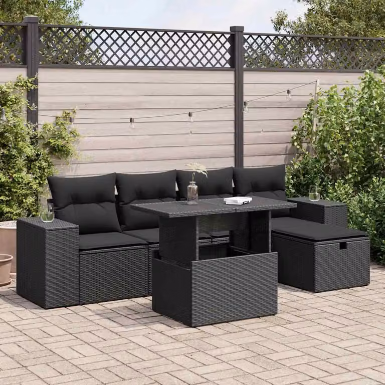 Set Divano da Giardino vidaXL 6 pz in Polyrattan Nero con Cuscini e Tavolino da Esterno a Forma di L