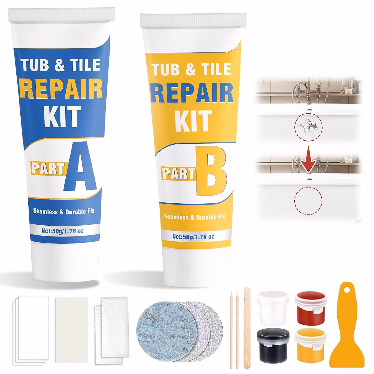 Kit di riparazione per piastrelle - Kit di riparazione per smalto - Kit di riparazione impermeabile per piastrelle, ideale per graffi, buchi e crepe - Kit di riparazione per Vetroceramica, adatto per vasche da bagno