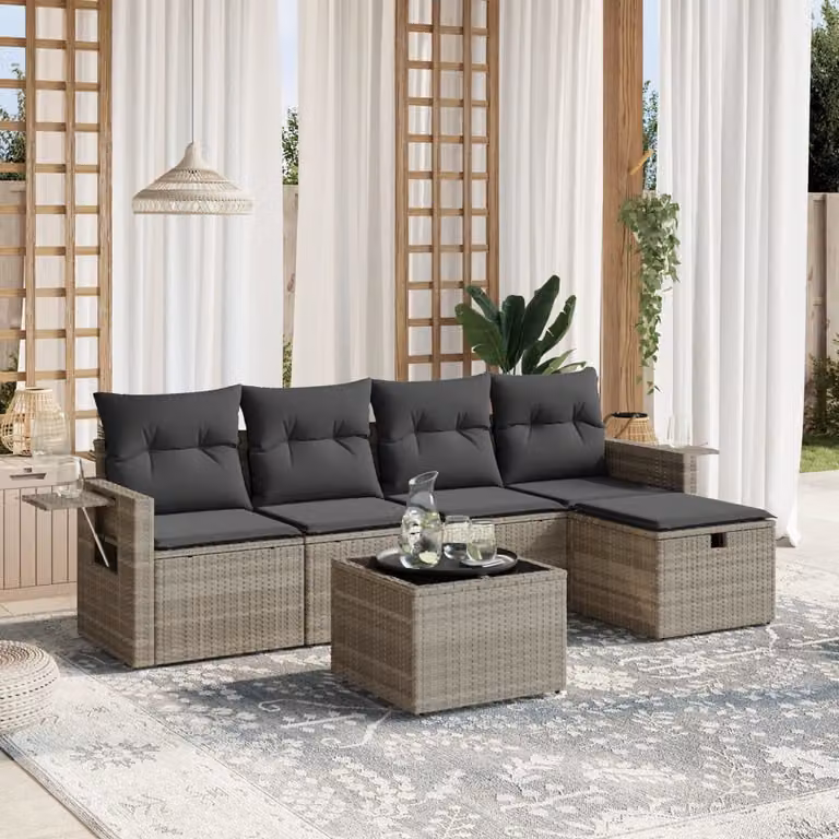 vidaXL Set Divano da Giardino a L con 6 Pezzi, Polyrattan e Cuscini Grigio Chiaro
