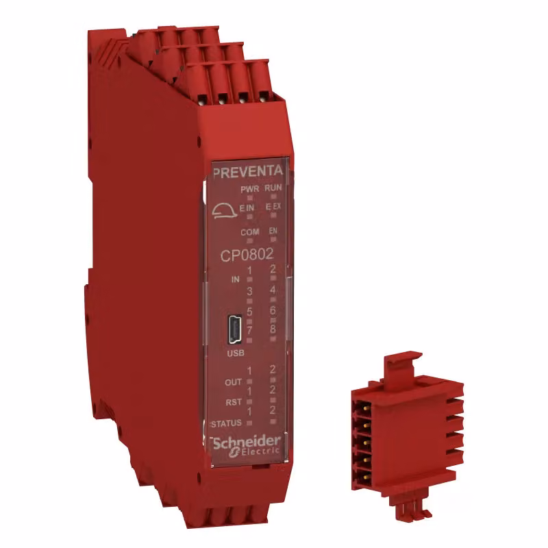 CPU Schneider Electric del controllore di sicurezza modulare Modicon XPSMCM, V1, 8E, 2x2A, morsetti a molla, con connettore bus sul pannello posteriore XPSMCMCP0802BCG