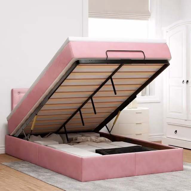 Letto con contenitore a sollevamento vidaXL in velluto rosa e bianco con materasso L/P: 120 x 200 cm – 1