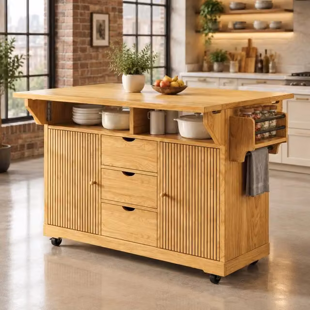 Carrello da cucina con piani ribaltabili; 3 cassetti e ruote frenate 142;5x80x95 cm marrone