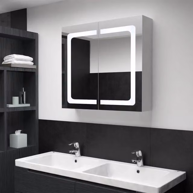 Armadietto da bagno moderno vidaXL con specchio, illuminazione LED e ante in vetro, Bianco e Argento, L: 80 cm, P: 12,2 cm, H: 68 cm – 1