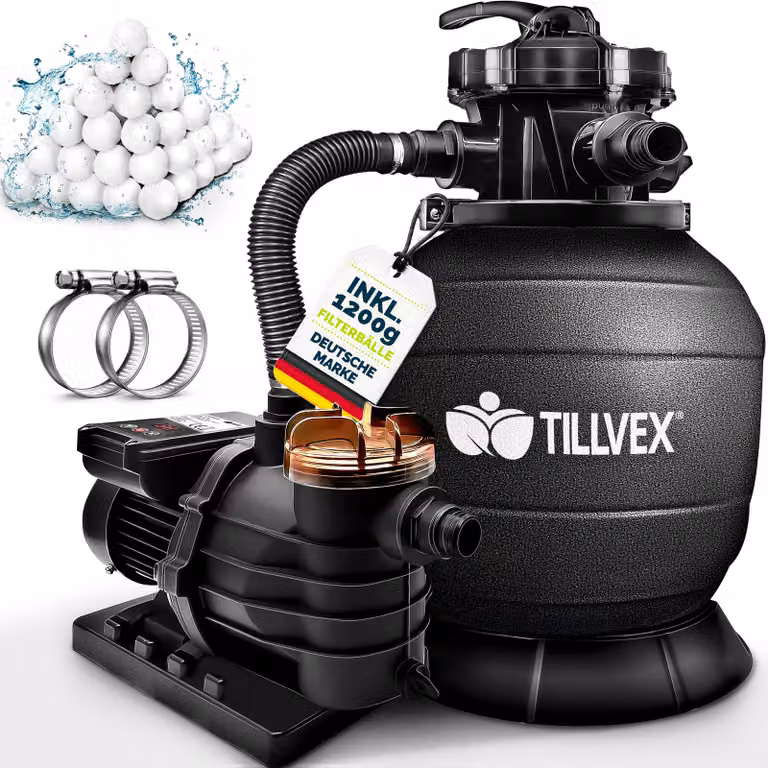 Impianto di filtrazione a sabbia tillvex® per piscina con timer, nero, da 13.200 l/h a 40.000 l + 1200 g di sfere filtranti | Impianto di filtrazione con valvola a 7 vie e adattatore 2 in 1 Ø 32-38 mm | Filtro per piscina autoaspirante | Filtro a sabbia p