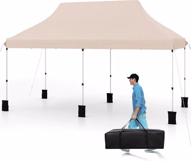 Gazebo pieghevole e portatile da esterno con borsa da trasporto, Rifugio per ombra istantanea per feste 300 x 600 cm Beige