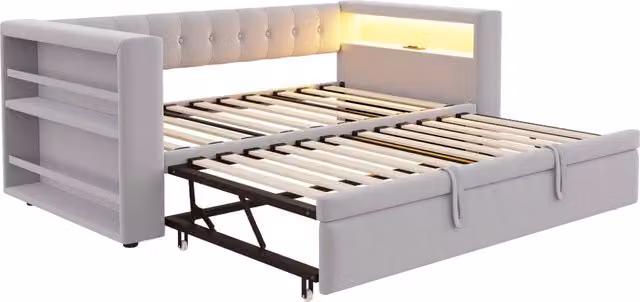 Letto estraibile singolo moderno in tessuto grigio con illuminazione LED, porta USB e ripiani laterali, senza materasso, L/P/H: 90 x 190 x 74 cm