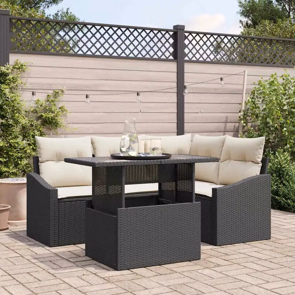 Set Divano da Giardino vidaXL 5 Pezzi in Polyrattan Nero e Beige con Cuscini e Tavolino – 1