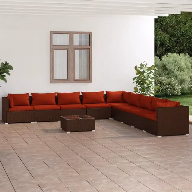 Set da giardino moderno vidaXL composto da 10 pezzi con divano a L, tavolino e cuscini in rattan marrone e rosso con struttura in acciaio verniciato a polvere – 1
