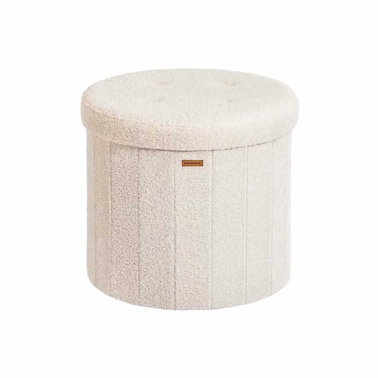 Pouf contenitore rotondo pieghevole, Bianco Crema / Peluche Teddy