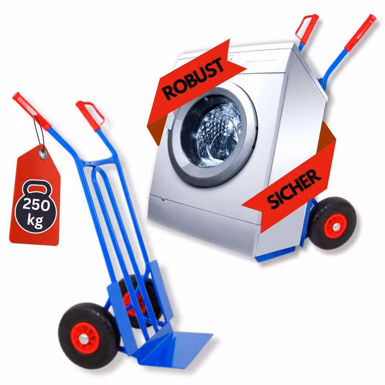 Carrello portasacchi in acciaio tubolare RHINO con benna XL, montanti curvi e pneumaticiPoliuretanoantiforatura | Portata 250 kg | HxLxP 104x60x50 cm | Blu | Carrello da trasporto Carrello elevatore
