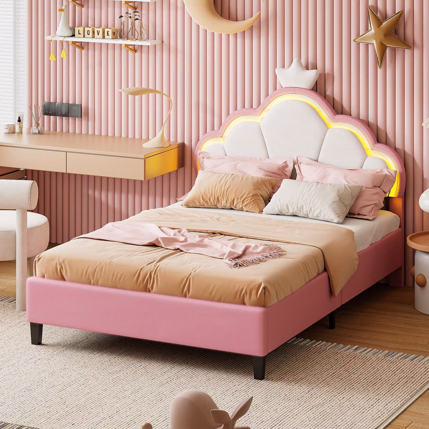 Letto per bambini ProximaX 90x200 cm in velluto rosa e bianco - design a , striscia luminosa a LED e testata regolabile in altezza, letto singolo comodo ed elegante