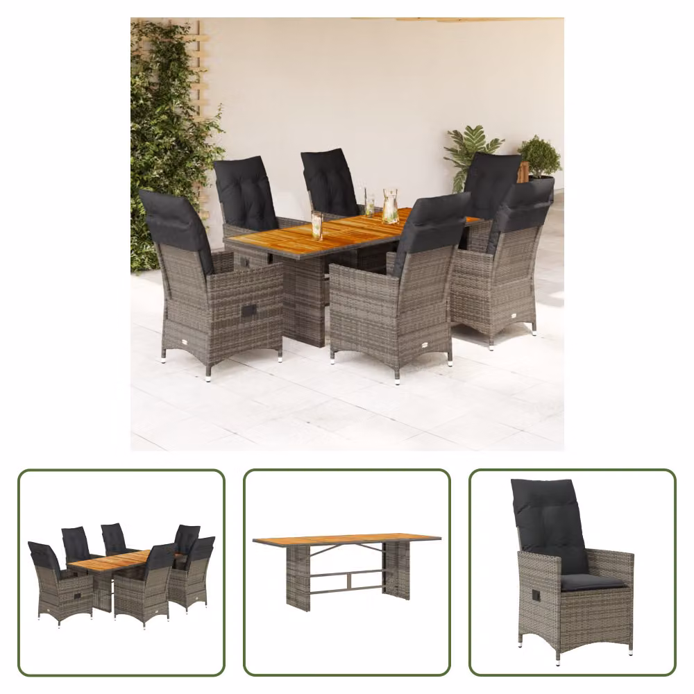The Living Store Set da pranzo da giardino 7 pezzi con cuscini in poly rattan grigio