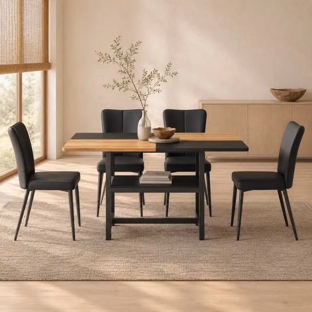 Set tavolo da pranzo rettangolare MIVRAY con 4 sedie, ripiano integrato in MDF e metallo, colori marrone e nero