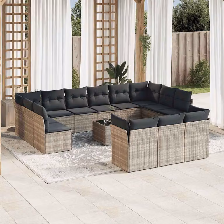 vidaXL Set Divani da Giardino a Forma di U con Cuscini Grigi e Tavolino da Esterno in Polyrattan e Metallo