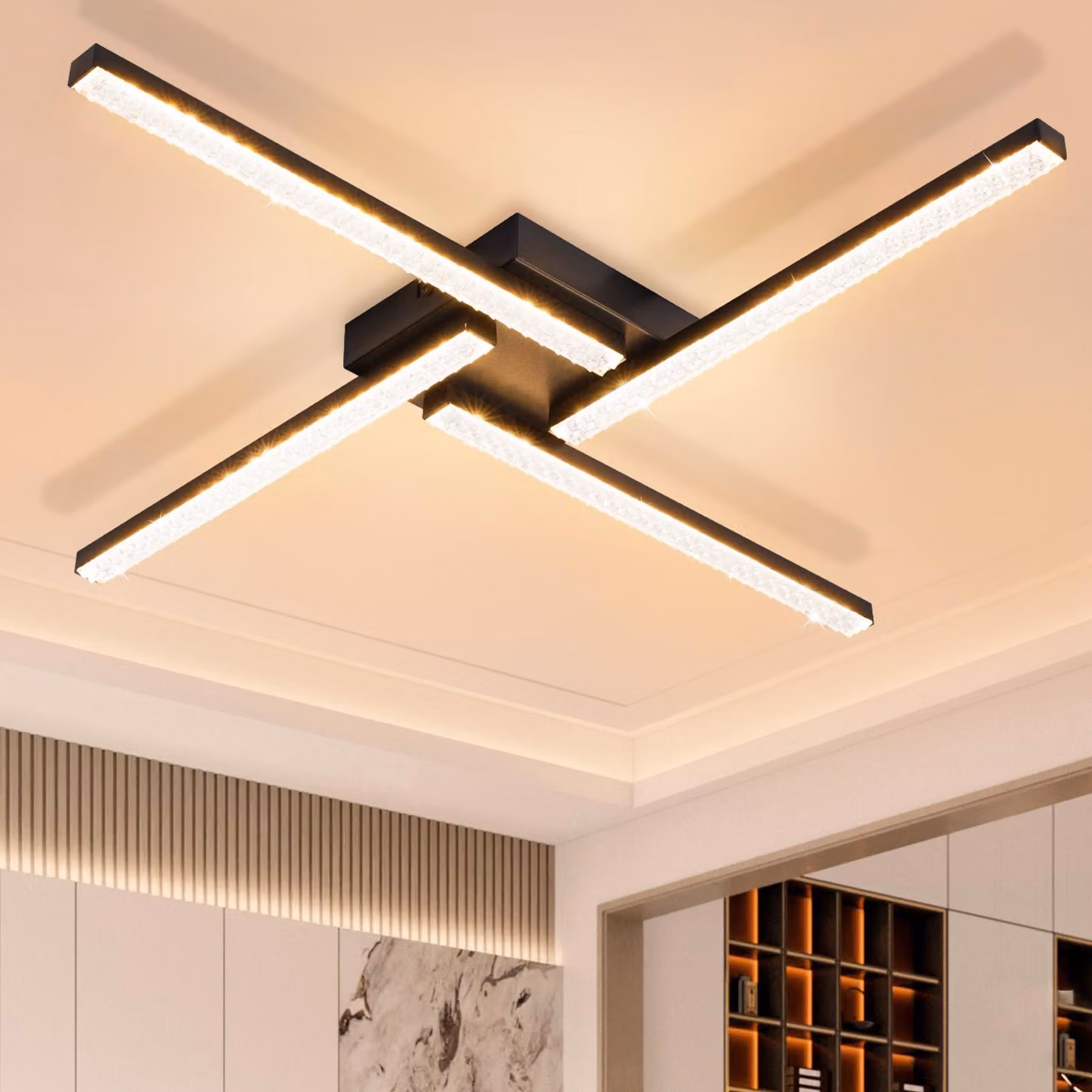 ZMH LED Plafoniera Nero 20W Bianco Caldo 3000K 56,6 cm Moderna Cristallo Metallo per Camera da Letto Soggiorno Corridoio Cucina