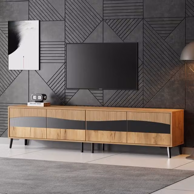 Mobile TV con 4 ante e 4 vani in truciolare naturale e nero per televisori fino a 75 pollici 180 × 40 × 50 cm