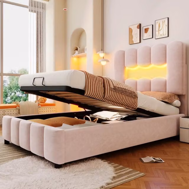 Letto imbottito MODFU in velluto rosa con contenitore e illuminazione LED multicolore L/P/H: 200 x 90 cm