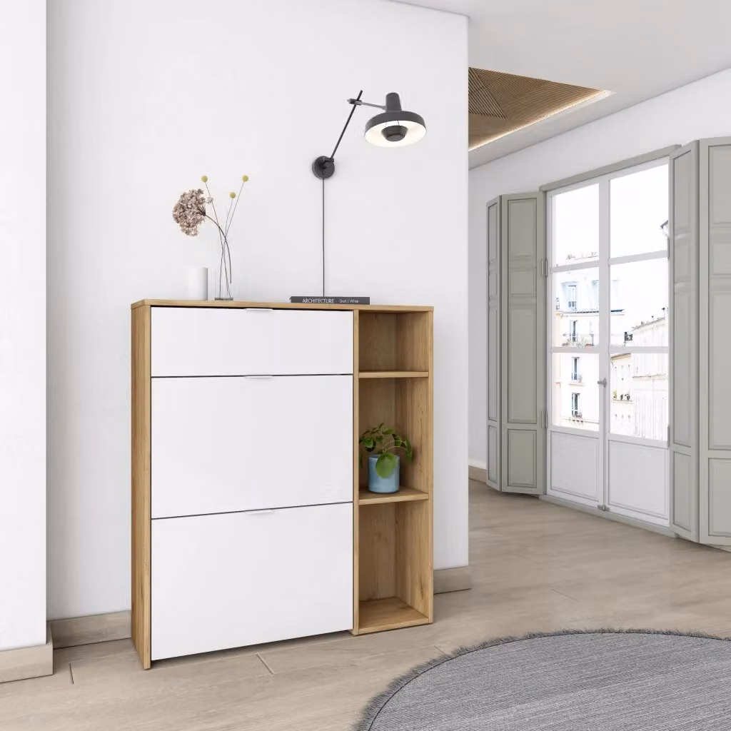 Scarpiera da ingresso Skraut Home con ante a battente, Rovere e Bianco, L 90 x P 27 x H 102 cm – 2
