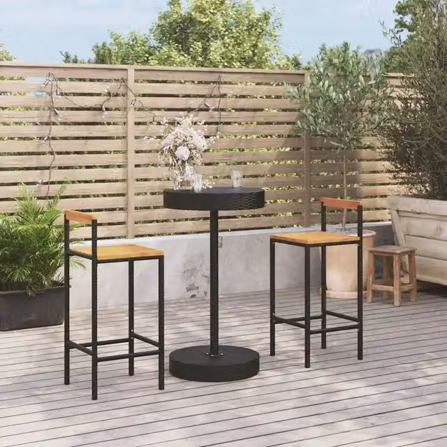 Set Bar da Giardino vidaXL in 3 Pezzi Nero in Polyrattan e Legno di Acacia