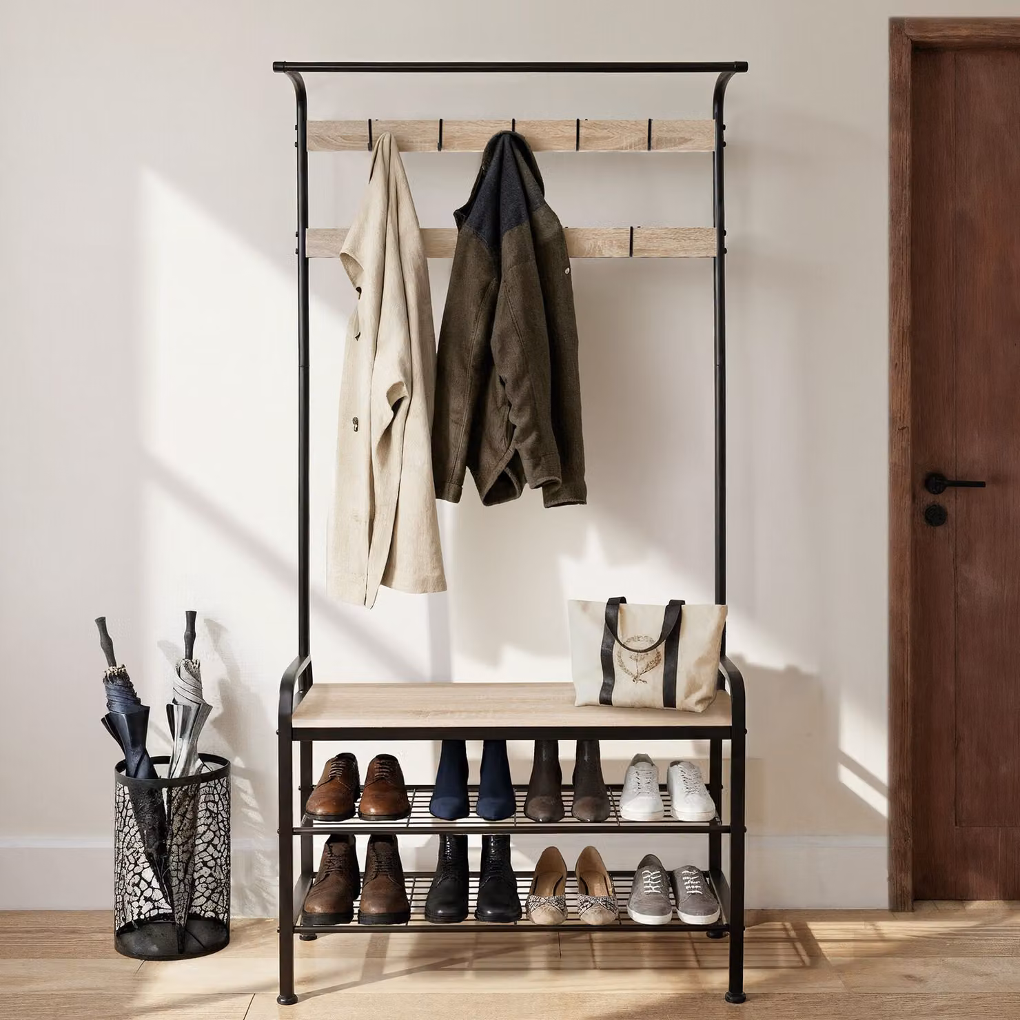 Guardaroba con panca in stile industriale TecTake GmbH, colore rovere e beige, L: 85,5 cm, P: 36,0 cm, H: 184,0 cm – 2