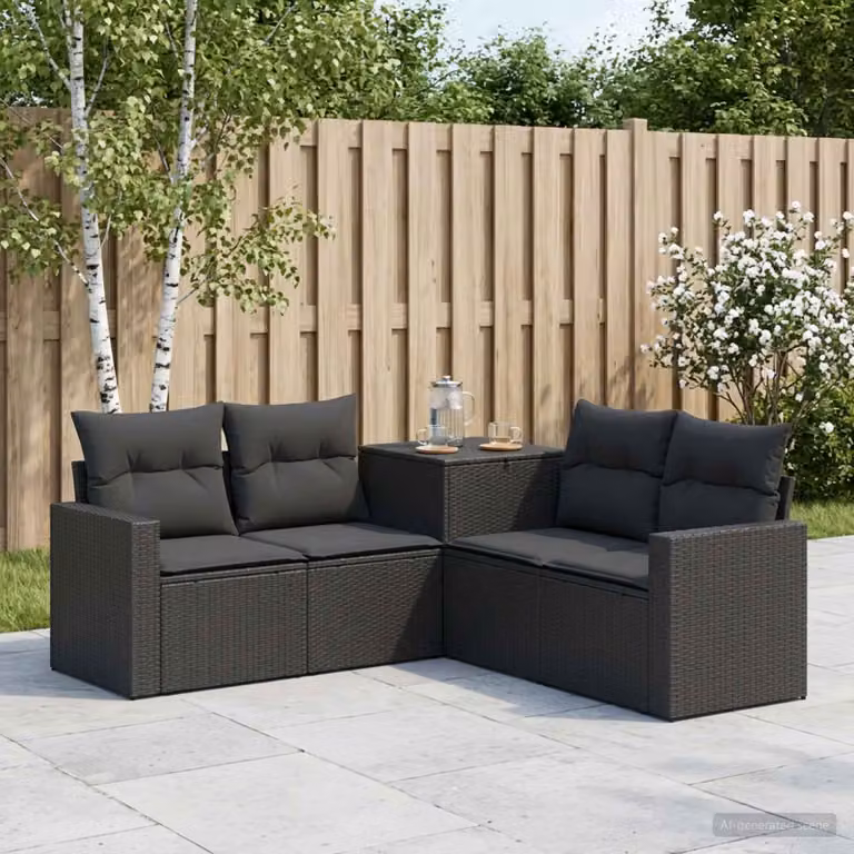 Set di divani da giardino vidaXL a forma di L composto da 5 pezzi in polyrattan e metallo nero con cuscini inclusi