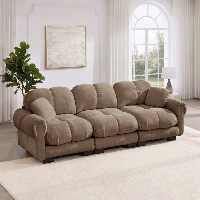Divano 260x86x90 cm con cuscini trapuntati e moduli collegabili in ciniglia marrone