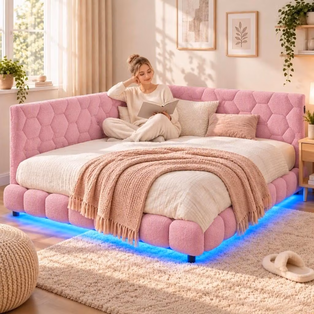 Letto imbottito INONEFT, 140 x 200 cm, con funzione divano, letto matrimoniale con illuminazione LED e prese USB, letto angolare, letto per ragazzi, colore rosa