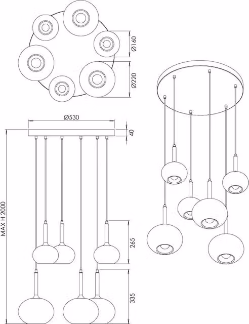 Lampada a Sospensione Edolo Ø530mm in metallo e vetro borosilicato Fumé, attacco E27+E14 6x40W, Classe 1, IP20, Design Moderno - Edolo