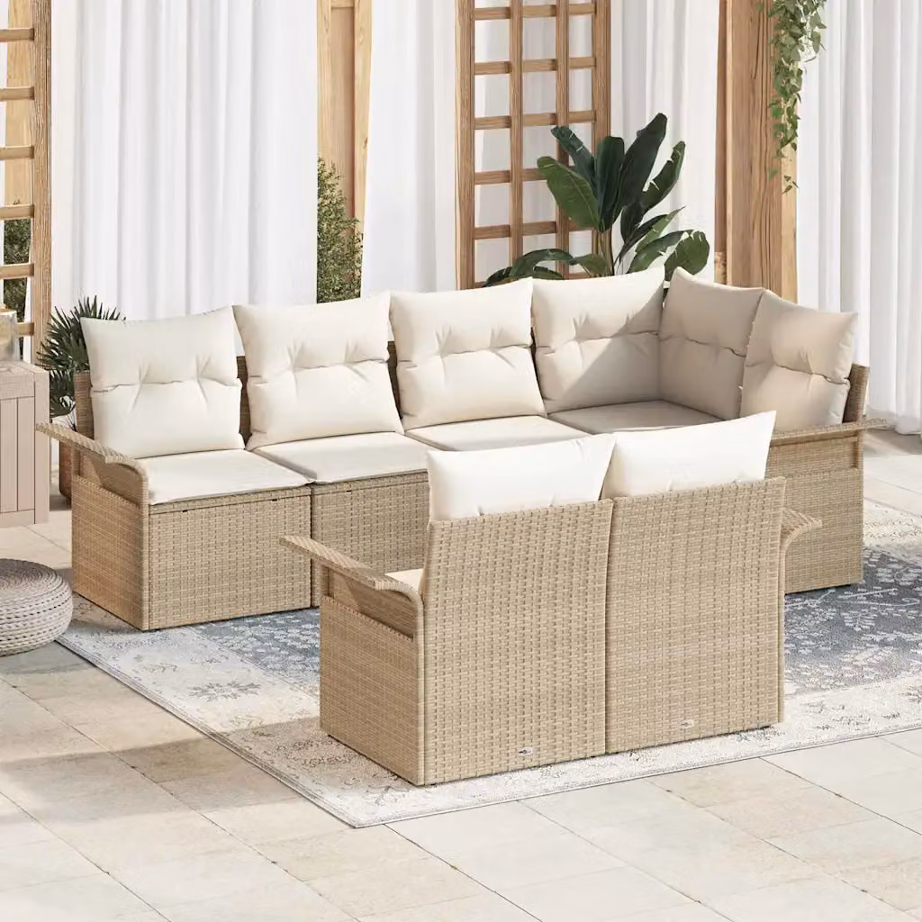 Set Divano da Giardino vidaXL 7 Pezzi in Polyrattan Beige con Cuscini e Tavolino da Esterno
