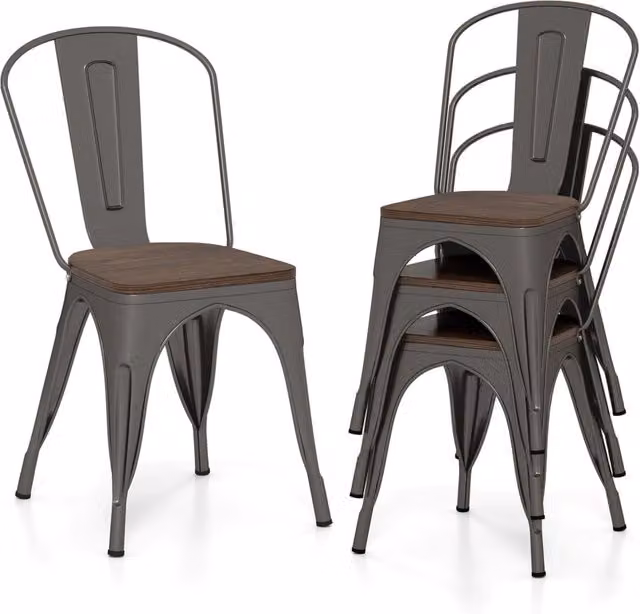 Set di 4 Sedie da Pranzo Impilabili COSTWAY in Legno e Acciaio, Schienale Alto, Colore Bronzo, L 53 cm x P 44,5 cm x H 84 cm