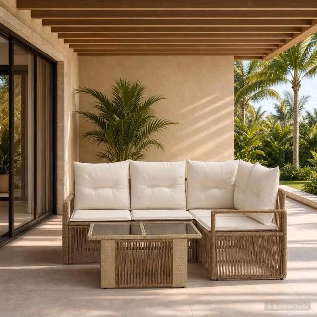 Set Divano da Giardino 5 pz Beige e Bianco Crema polyrattan 3437094