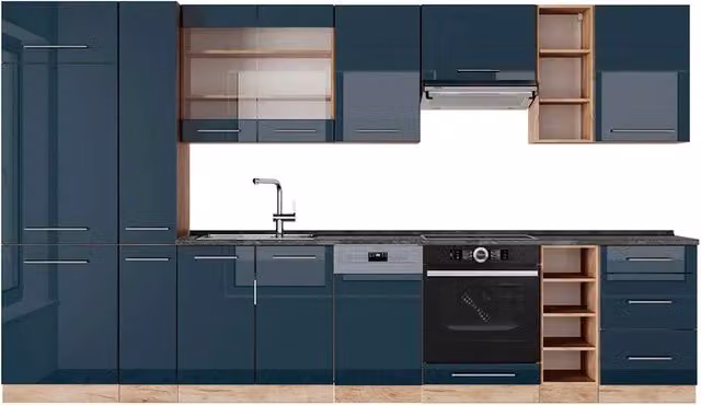 Cucina componibile Vicco Fame-Line Blu scuro lucido e Rovere dorato con piano Antracite, L: 355 cm