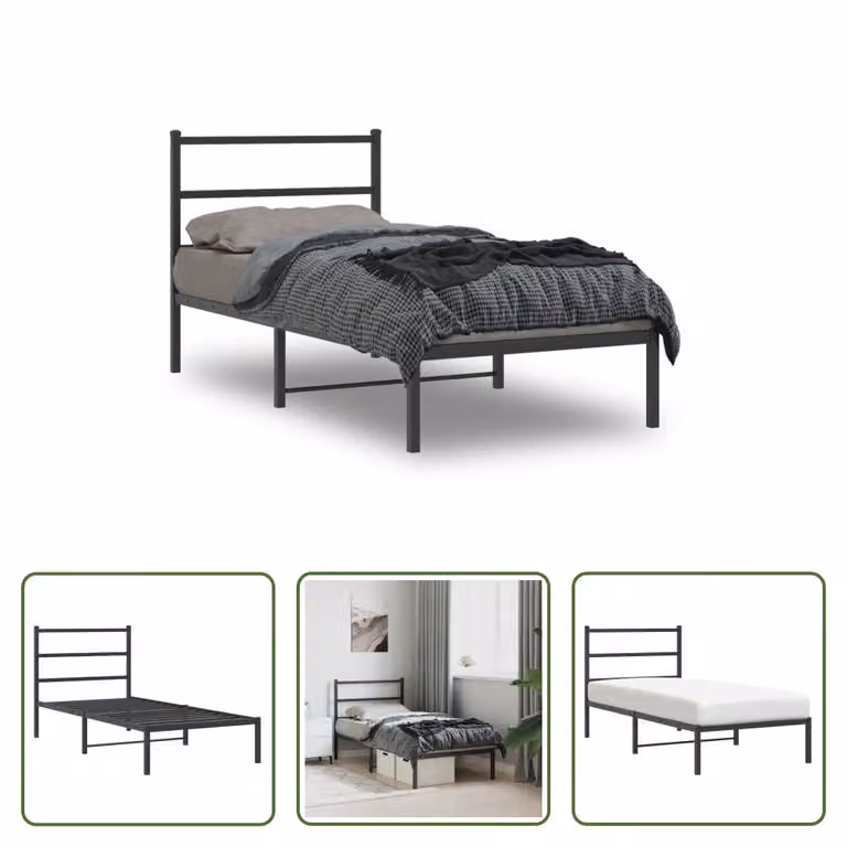 The Living Store Struttura letto con testiera in metallo nero 90x190 cm