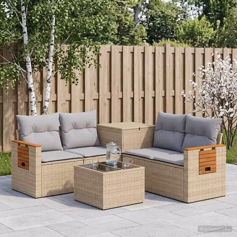 Set di divani da giardino vidaXL in polyrattan con tavolo da caffè, 6 pezzi, Beige e Grigio Chiaro