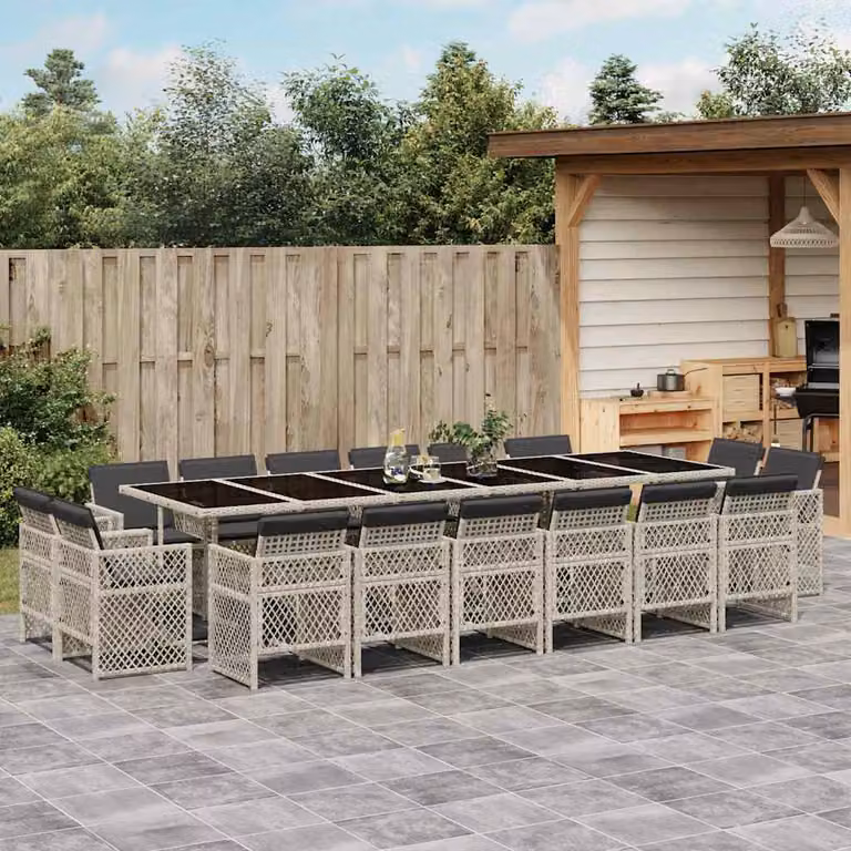 Set da pranzo da giardino vidaXL in polyrattan con cuscini e piano in vetro, 17 pezzi, grigio antracite
