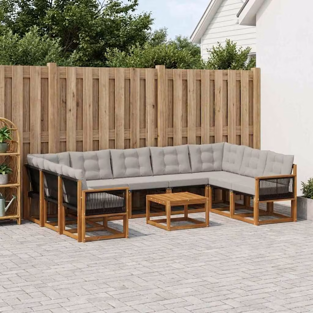 Set di divani da esterno vidaXL 10 pezzi in legno di acacia con tavolo da caffè, colore marrone e grigio chiaro