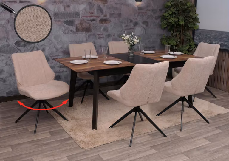 Set di 6 sedie da pranzo modello HWC-O48, sedia da cucina, girevole con sistema di ritorno automatico, rivestita in tessuto chenille (320g/m²), colore beige
