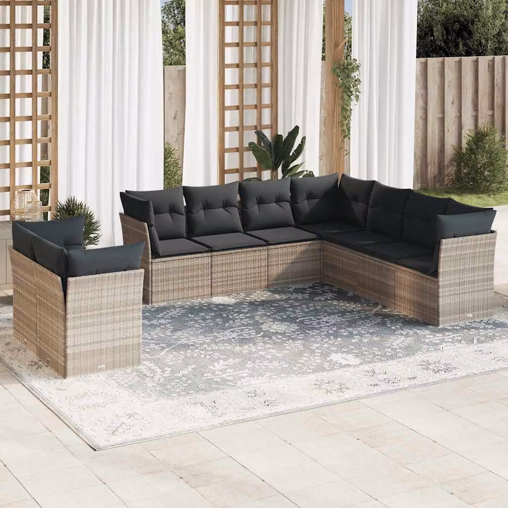 Set Divano da Giardino vidaXL 9pz in Polyrattan Grigio con Cuscini Imbottiti e Rivestimenti Rimovibili – 1