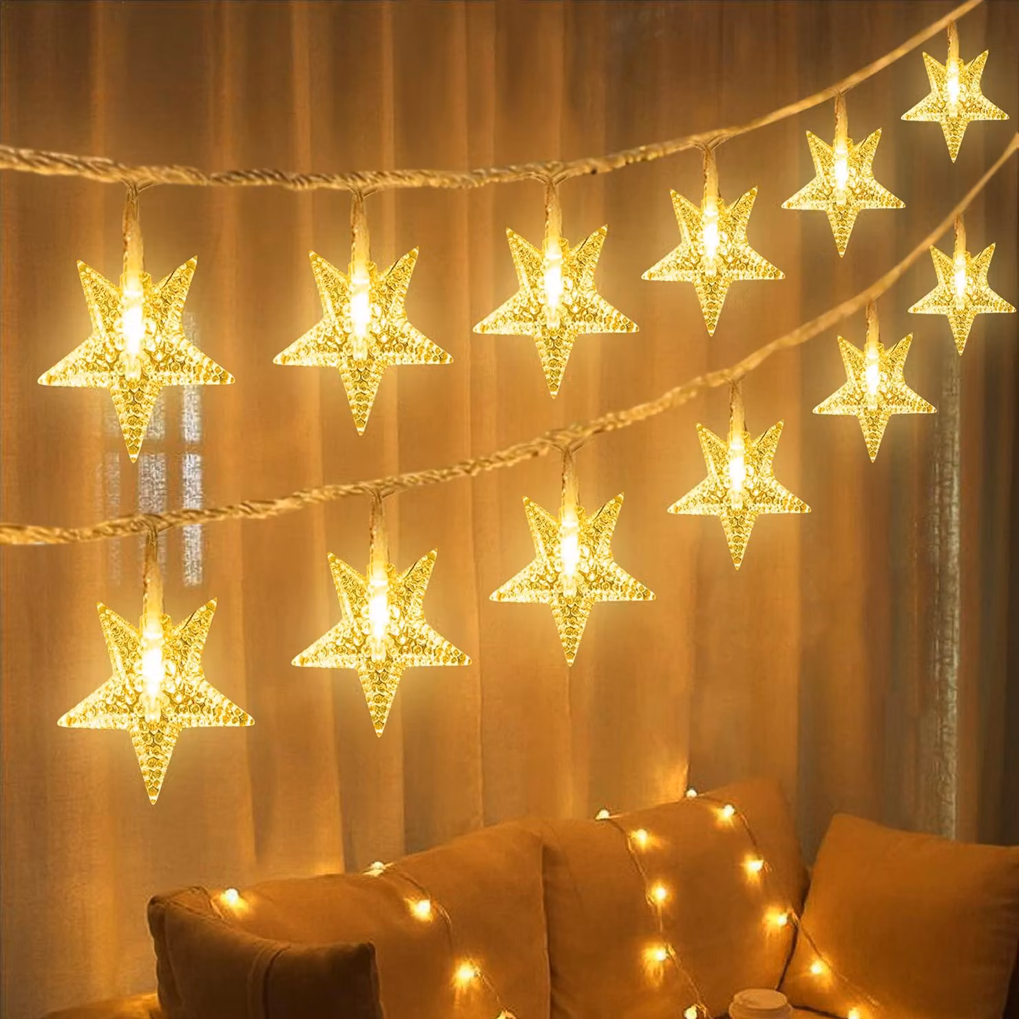 Catena luminosa a LED, 40 stelle, 6 metri, luce bianco caldo, alimentazione a batteria
