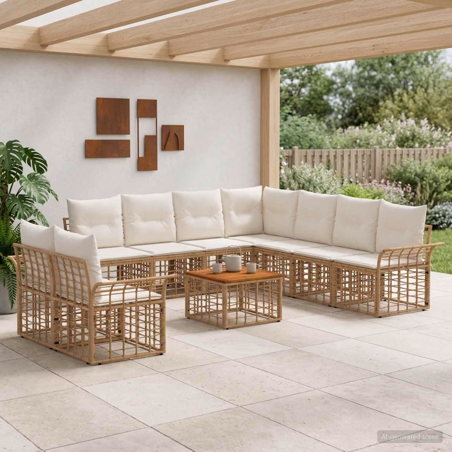 vidaXL Set di divani da esterno 9 posti a forma di U con tavolino da caffè, struttura in acciaio e cuscini inclusi, colori beige, bianco e marrone