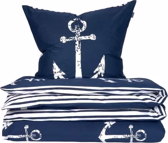 Set di biancheria da letto in cotone con design nautico a righe, blu e bianco, composto da copripiumino e federa, L/P/H: 220 x 155 cm e 80 x 80 cm