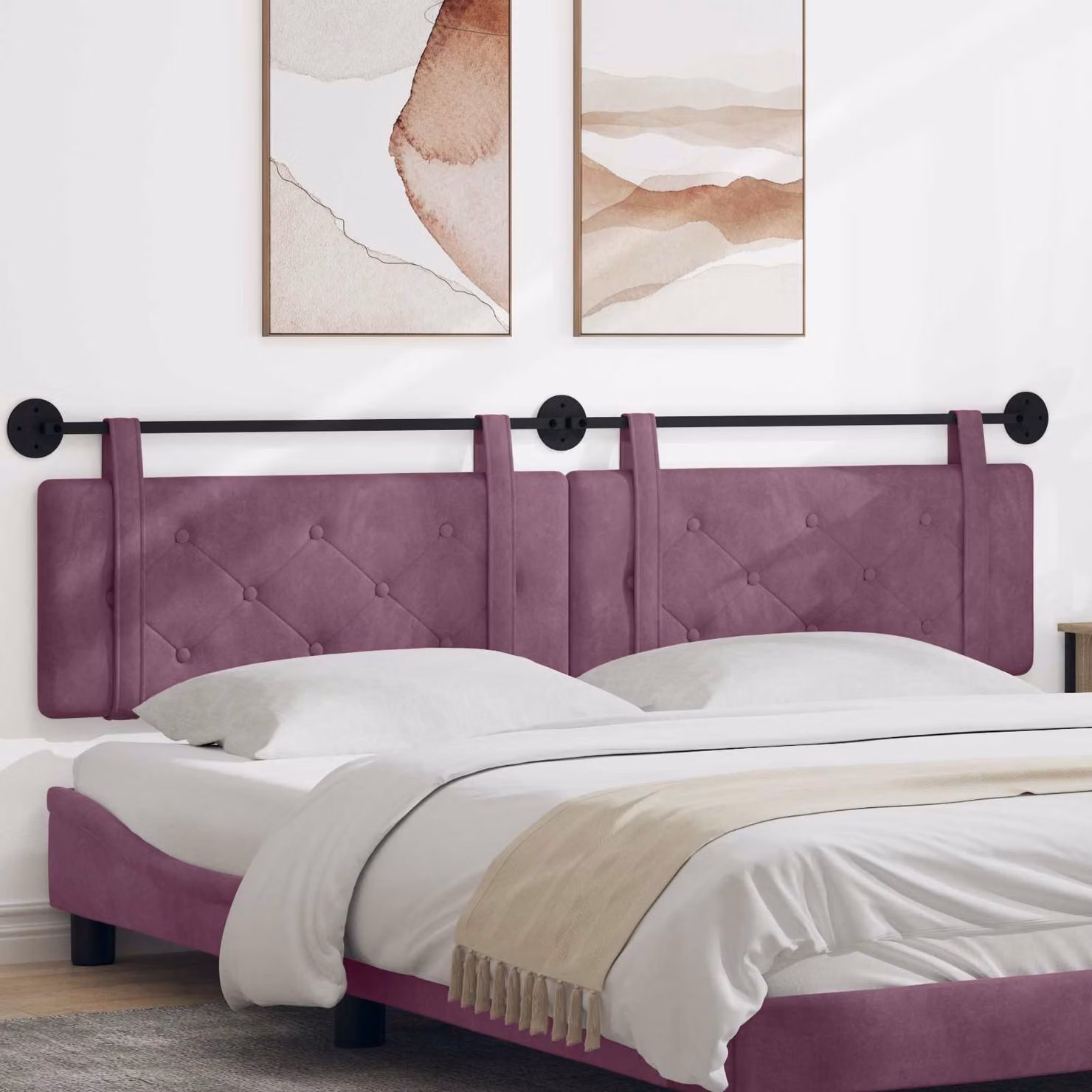 Testiera da letto sospesa vidaXL in velluto viola con struttura in legno