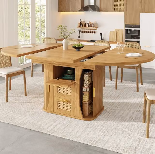 Tavolo da pranzo allungabile con cassetti in rattan, MDF effetto legno, 118–158 cm, nero/naturale/marrone