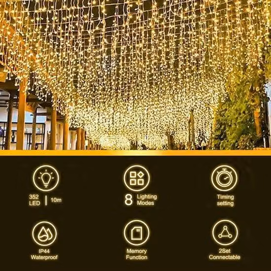 Catena luminosa LED Ibenzoa®, 352 LED, 10 metri – Grado di protezione IP44, adatta per interni ed esterni, 8 modalità di illuminazione, timer a 6/18 ore e funzione di memorizzazione, filo di rame, 31V 6W, con spina di tipo EU