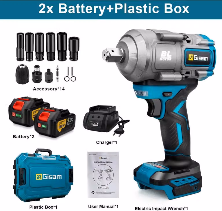 Avvitatore a impatto a batteria - Motore brushless - 2000 N·m - Attacco quadrato da 1,27 cm - 5 livelli di coppia - 18 V - 2 batterie