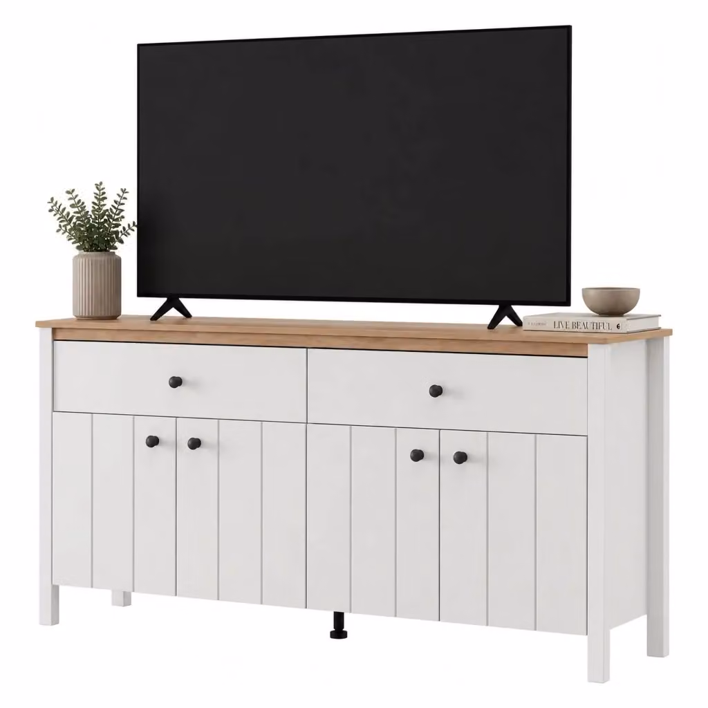 Madia Belve DMORA, Credenza moderna con 3 ripiani, Bianco e Rovere, L: 163 cm, P: 40 cm, H: 92 cm – 2