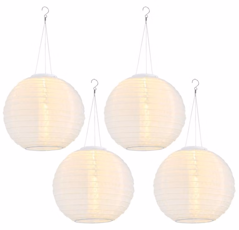 Set di 4 lampade a sospensione da esterno a LED e a energia solare, lanterna bianca, diametro 30 cm