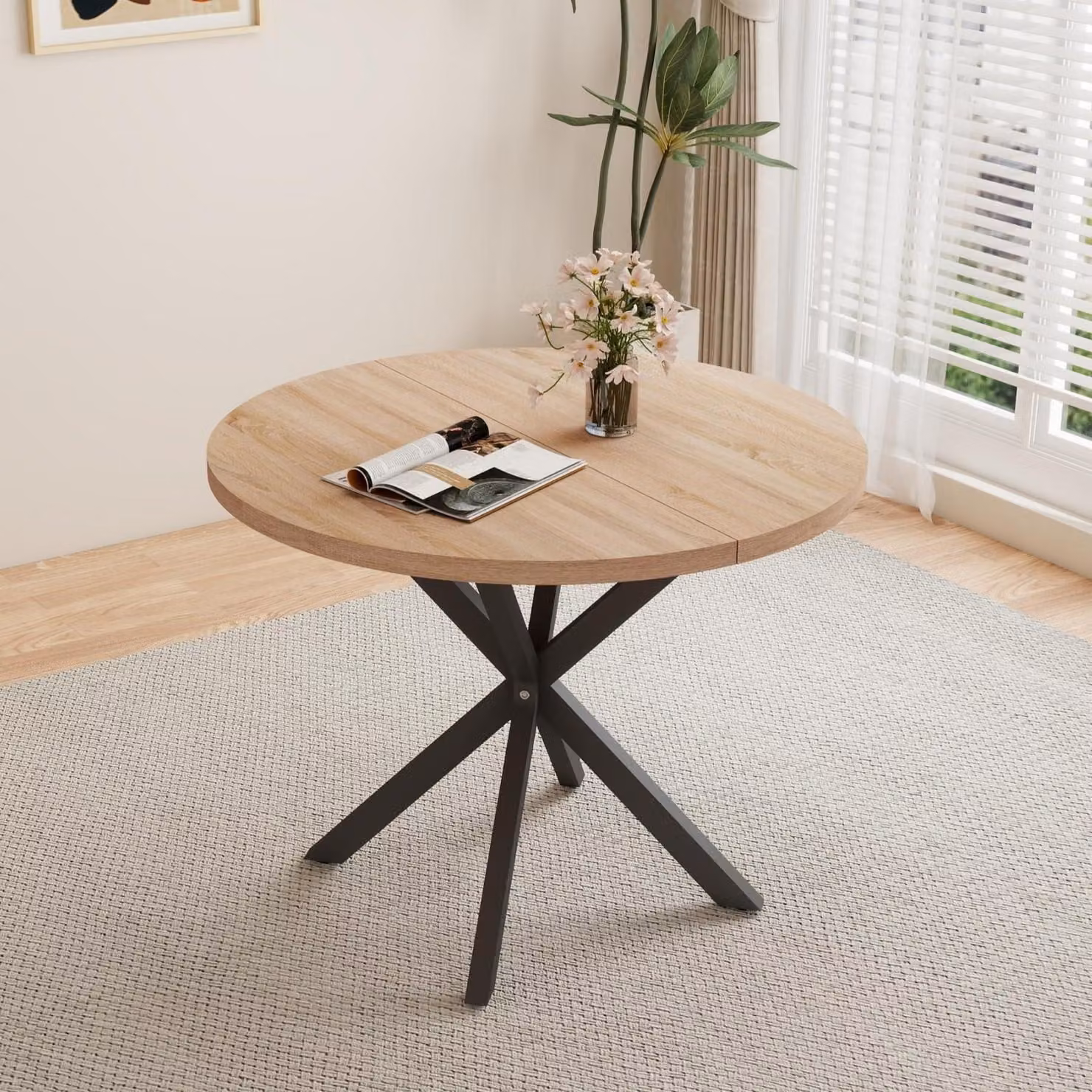 Tavolo rotondo da pranzo, diametro 100 cm, color marrone chiaro, struttura in MDF, gambe in metallo, adatto per 4-6 persone