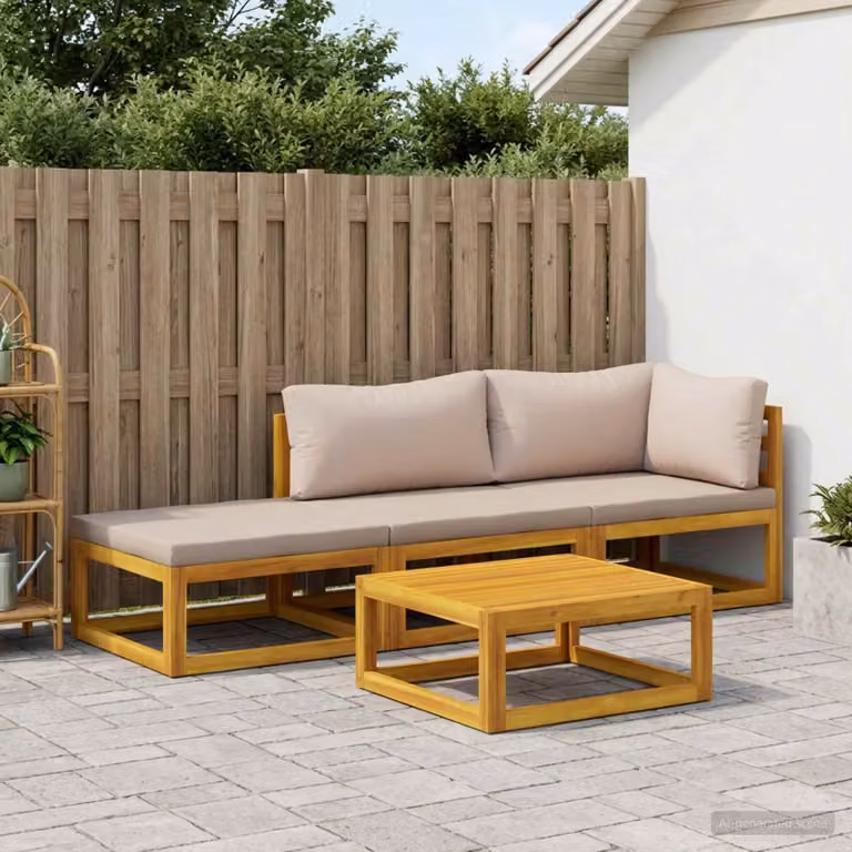 vidaXL Set di divani da giardino 4 pezzi in legno di acacia massello con cuscini beige e tavolo da esterno, configurazione a L destra